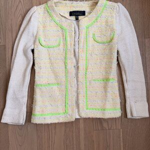 Charlotte Tarantola Cream Tweed Jacket with Neon Green Trim and Peach Flecks